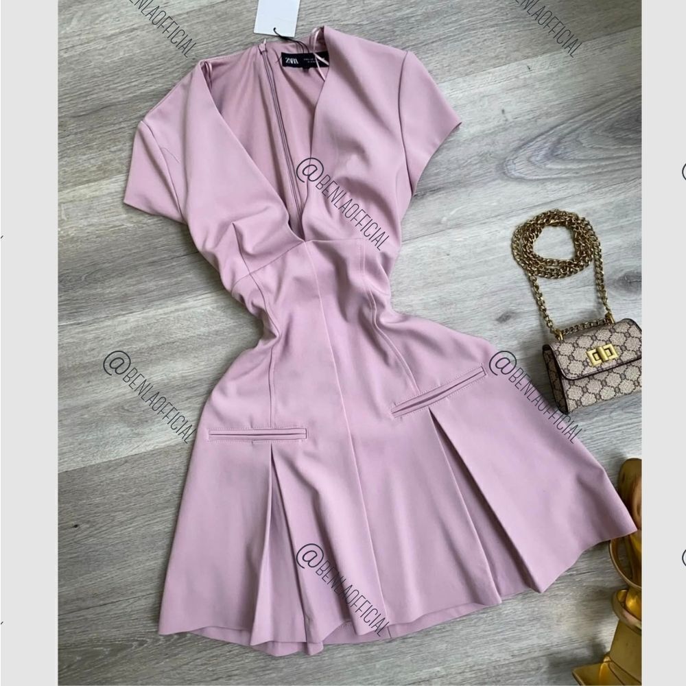 NWT ZARA SHORT PLEATED DRESS trend pink barbie soft Powder Pink Mini Dress